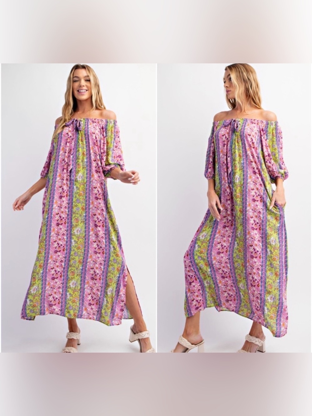 easel Pink Purple Green Floral Off-Shoulder Midi Dress